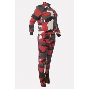 Red Camouflage Zipper Up Pocket Casual Coat Pants Set