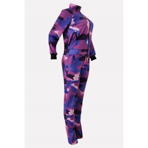 Purple Camouflage Zipper Up Pocket Casual Coat Pants Set