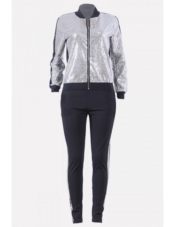 Silver Sequins Splicing Zipper Up Long Sleeve Casual Coat Pants Set