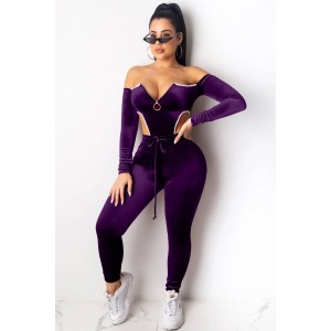 Purple Velour Zipper Up Off Shoulder Sexy Bodysuit Pants Set