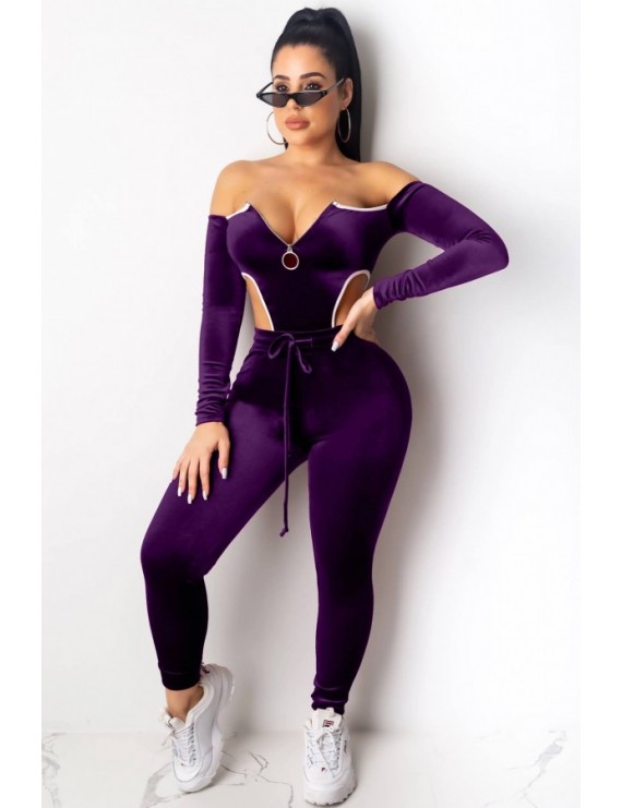 Purple Velour Zipper Up Off Shoulder Sexy Bodysuit Pants Set