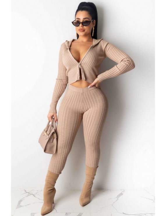 Apricot Zipper Up Hooded Long Sleeve Casual Sweater Pants Set