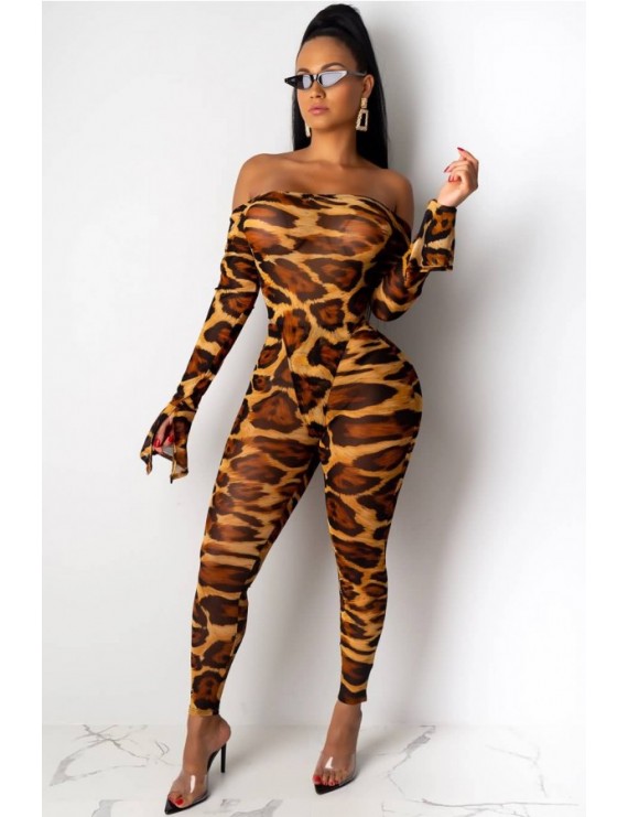 Leopard Off Shoulder Long Sleeve Sexy Bodysuit Pants Set