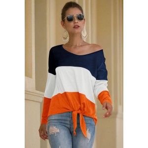 Orange Color Block Knotted Long Sleeve Casual T Shirt