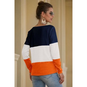 Orange Color Block Knotted Long Sleeve Casual T Shirt