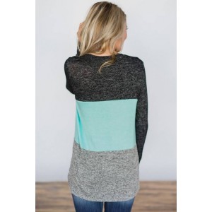 Light-blue Color Block Round Neck Long Sleeve Casual T Shirt