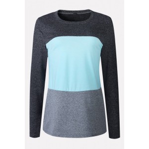 Light-blue Color Block Round Neck Long Sleeve Casual T Shirt