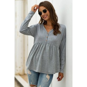 Light-gray Button Decor V Neck Long Sleeve Casual T Shirt