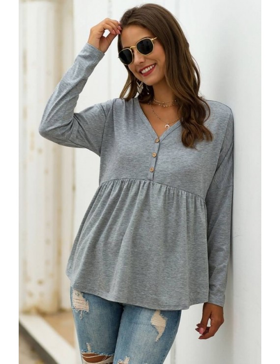 Light-gray Button Decor V Neck Long Sleeve Casual T Shirt