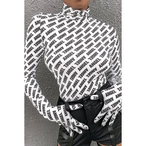 White Letters Print High Collar Long Sleeve Casual T Shirt