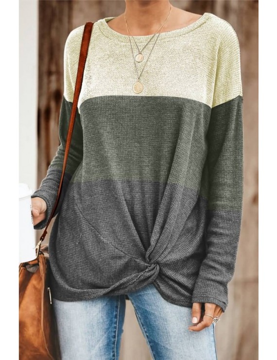 Army-green Color Block Twisted Long Sleeve Casual T Shirt
