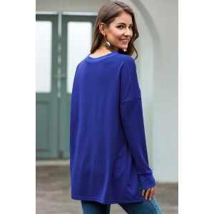 Blue Slit Round Neck Long Sleeve High Low Casual T Shirt