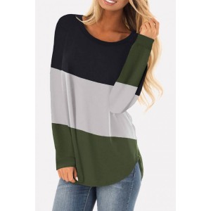 Army-green Color Block Round Neck Long Sleeve Casual T Shirt