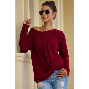 Dark-red Twisted V Neck Long Sleeve Casual T Shirt