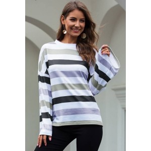 Purple Colorful Stripe Crew Neck Long Sleeve Casual T Shirt