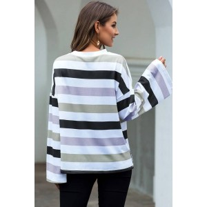 Purple Colorful Stripe Crew Neck Long Sleeve Casual T Shirt
