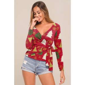 Red Christmas Print Wrap Tied Casual T Shirt