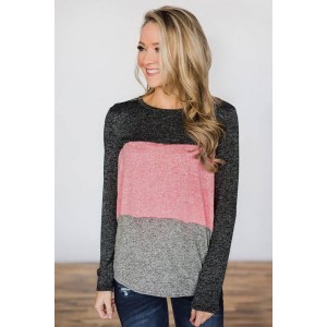 Watermelon Color Block Round Neck Long Sleeve Casual T Shirt