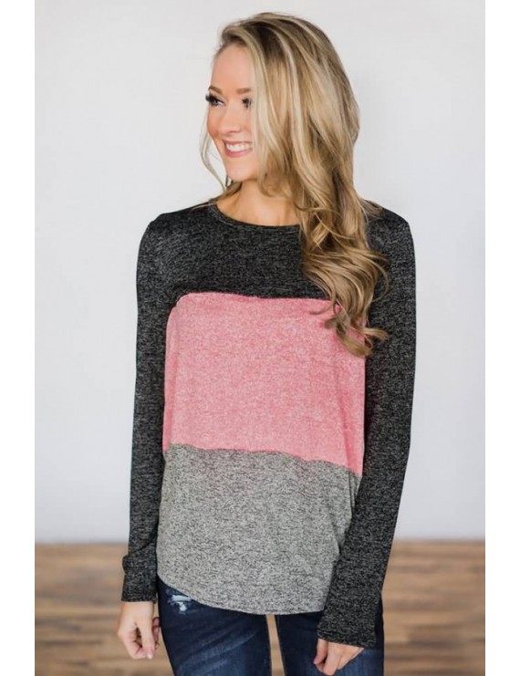 Watermelon Color Block Round Neck Long Sleeve Casual T Shirt