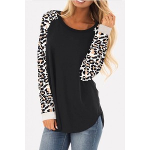 Black Leopard Round Neck Long Sleeve Casual T Shirt