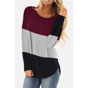 Dark-red Color Block Round Neck Long Sleeve Casual T Shirt