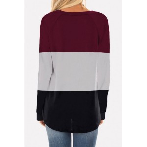 Dark-red Color Block Round Neck Long Sleeve Casual T Shirt