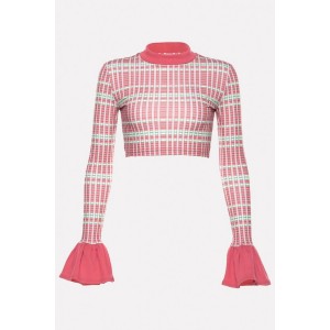 Pink Gingham Mock Neck Flare Sleeve Casual Cropped T Shirt