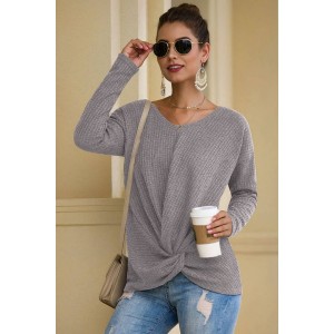 Light-gray Twisted V Neck Long Sleeve Casual T Shirt