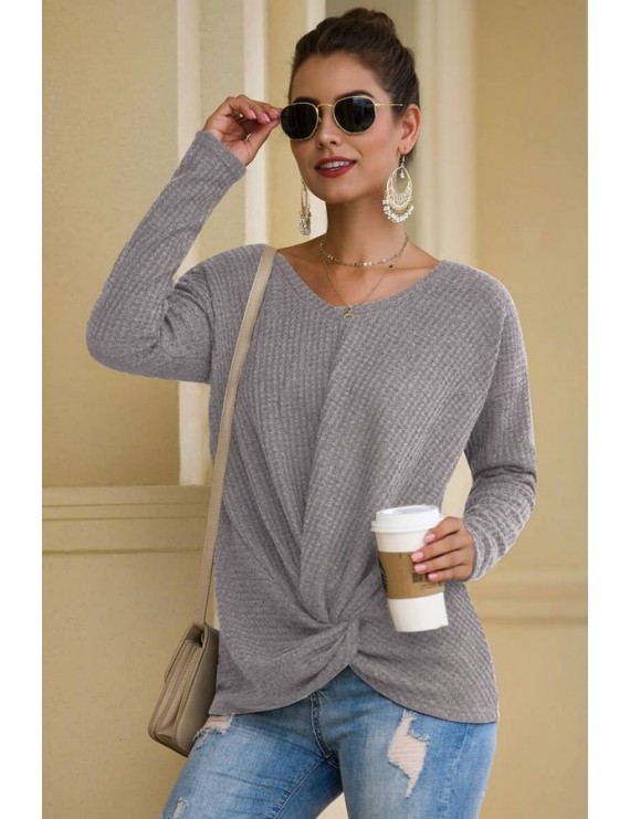 Light-gray Twisted V Neck Long Sleeve Casual T Shirt