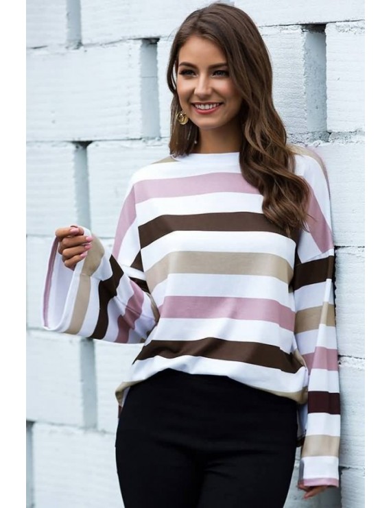 Pink Colorful Stripe Crew Neck Long Sleeve Casual T Shirt