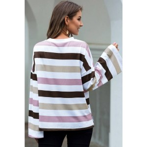Pink Colorful Stripe Crew Neck Long Sleeve Casual T Shirt