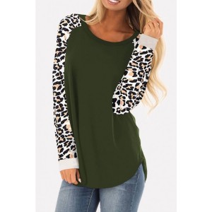 Green Leopard Round Neck Long Sleeve Casual T Shirt