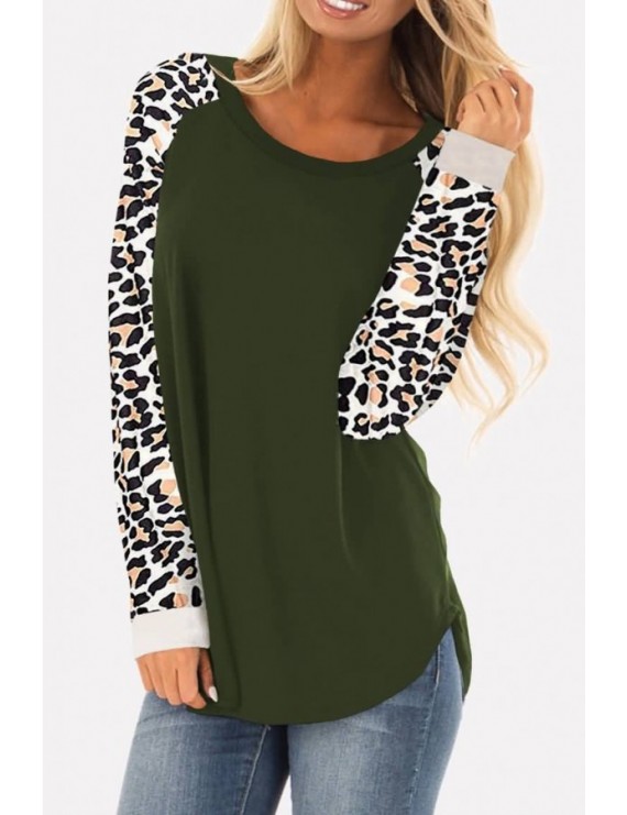 Green Leopard Round Neck Long Sleeve Casual T Shirt