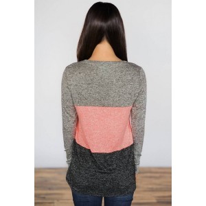 Coral Color Block Round Neck Long Sleeve Casual T Shirt