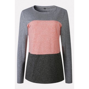 Coral Color Block Round Neck Long Sleeve Casual T Shirt