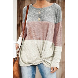 Pink Color Block Twisted Long Sleeve Casual T Shirt