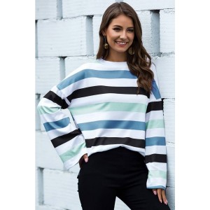 Blue Colorful Stripe Crew Neck Long Sleeve Casual T Shirt
