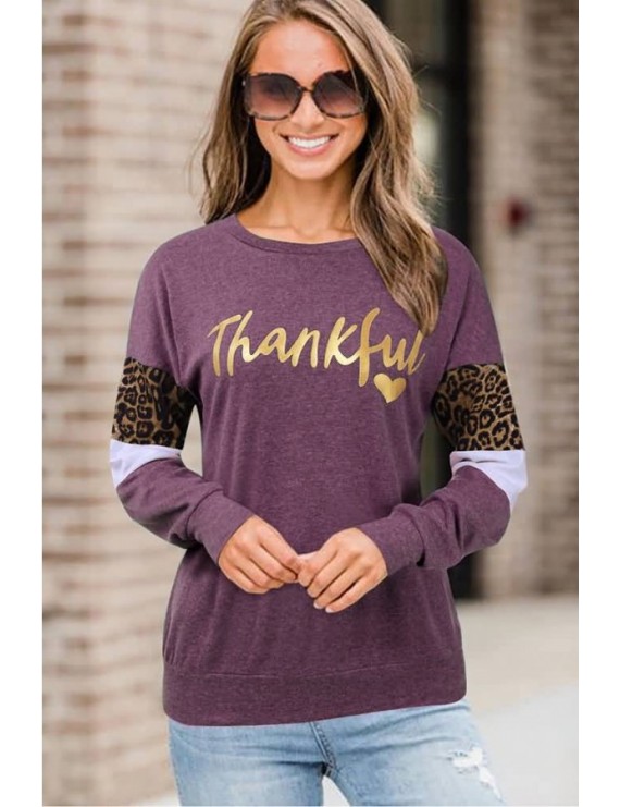 Purple Letters Print Leopard Splicing Casual T Shirt