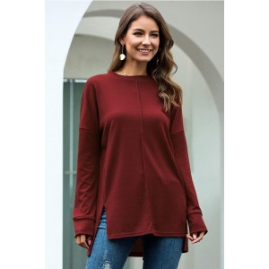 Dark-red Slit Round Neck Long Sleeve High Low Casual T Shirt