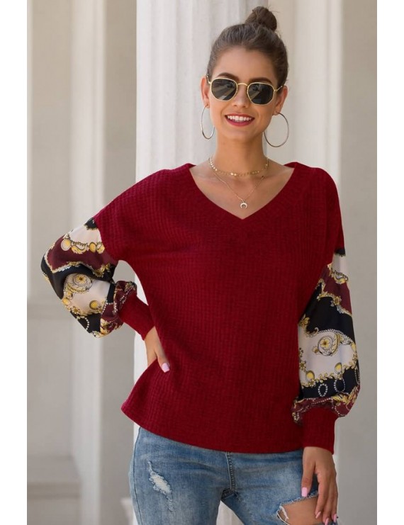 Dark-red Floral Splicing V Neck Puff Sleeve Casual T Shirt