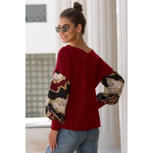 Dark-red Floral Splicing V Neck Puff Sleeve Casual T Shirt
