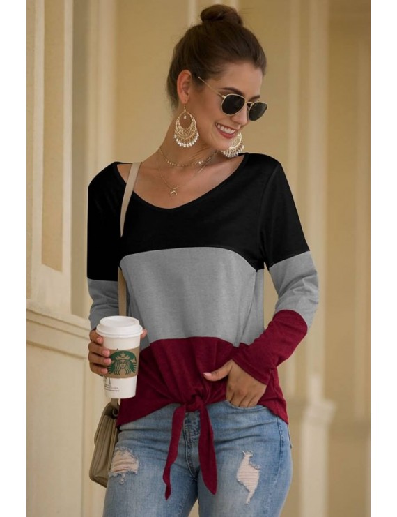 Gray Color Block Knotted Long Sleeve Casual T Shirt