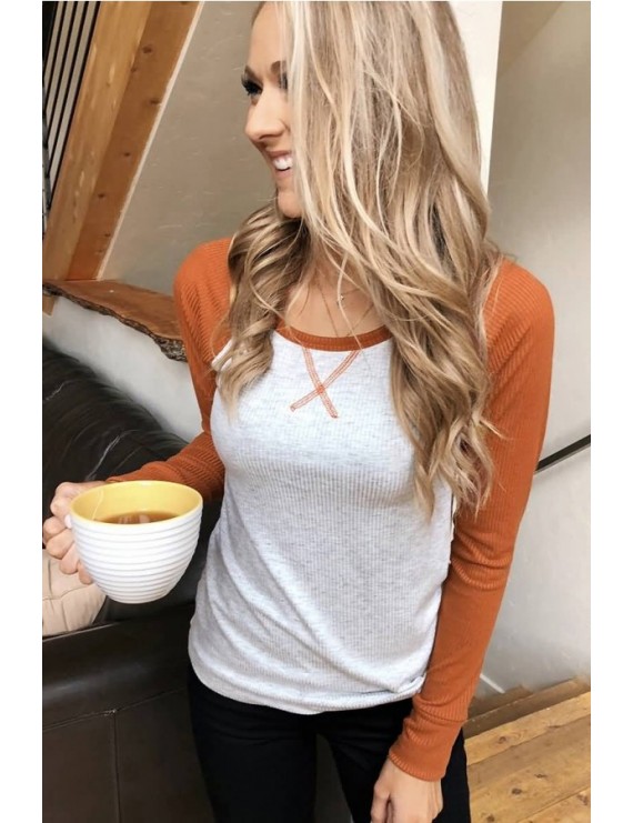 Two Tone Round Neck Long Sleeve Casual T Shirt