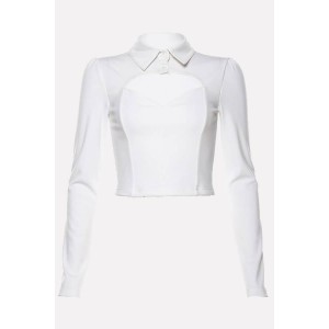 White Button Up Cutout Long Sleeve Sexy T Shirt