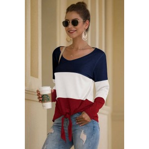 Dark-red Color Block Knotted Long Sleeve Casual T Shirt
