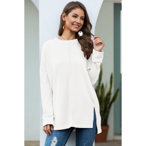 White Slit Round Neck Long Sleeve High Low Casual T Shirt