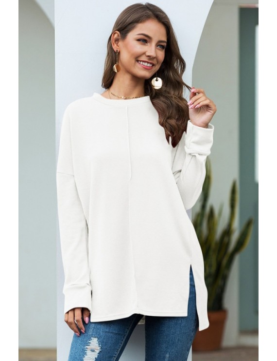 White Slit Round Neck Long Sleeve High Low Casual T Shirt