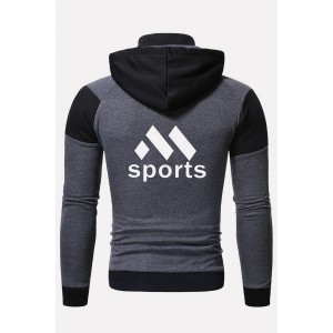 Men Black Letters Print Zipper Up Long Sleeve Hooded Sports Coats