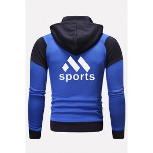 Men Blue Letters Print Zipper Up Long Sleeve Hooded Sports Coats