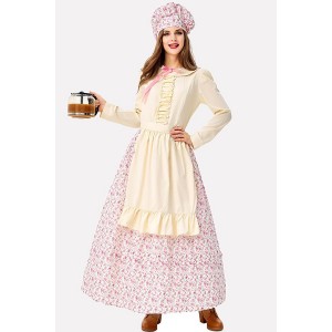 Beige Maid Floral Print Dress Cosplay Costume